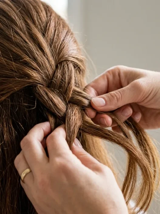 Close-up of feminine hands braiding hair strands together with bright lighting showing technique
