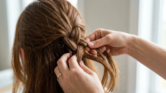 Close-up of feminine hands braiding hair strands together with bright lighting showing technique