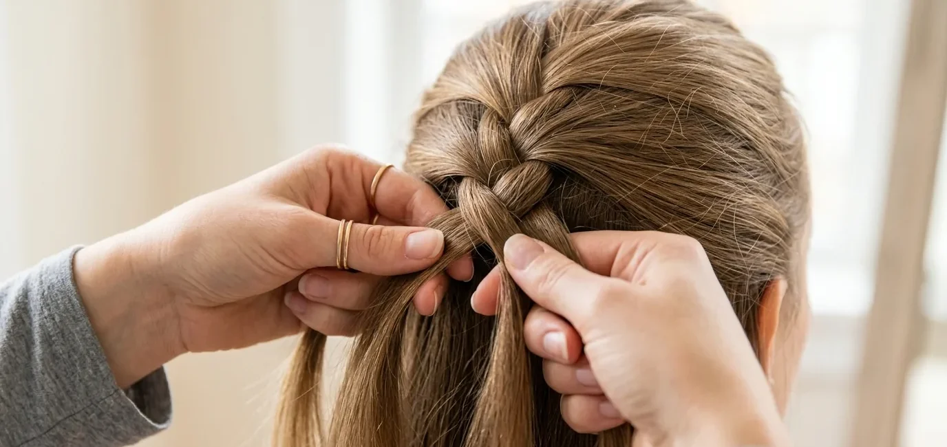 Close-up of feminine hands creating a three-strand braid in textured hair with bright lighting
