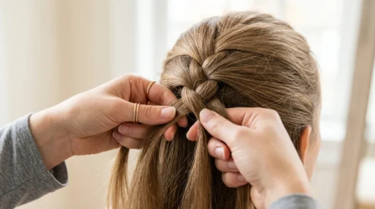 Close-up of feminine hands creating a three-strand braid in textured hair with bright lighting