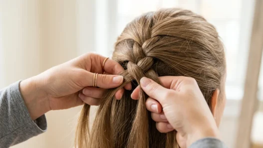 Close-up of feminine hands creating a three-strand braid in textured hair with bright lighting