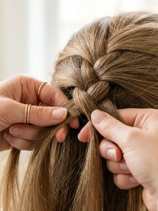 Close-up of feminine hands creating a three-strand braid in textured hair with bright lighting