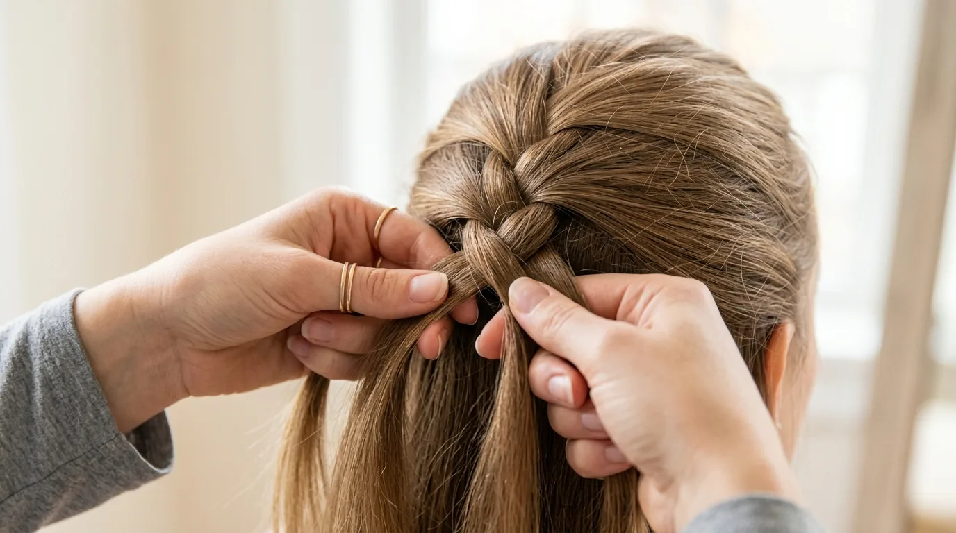 Close-up of feminine hands creating a three-strand braid in textured hair with bright lighting