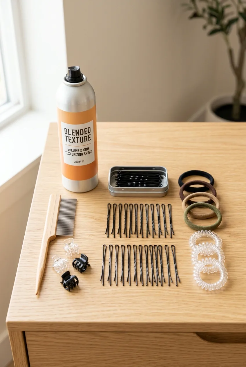 Bobby pins, hair ties, and texturizing spray tools arranged for braiding preparation