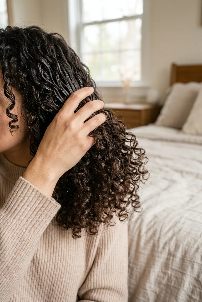 Hands scrunching dry curls to break product cast revealing soft touchable curl texture