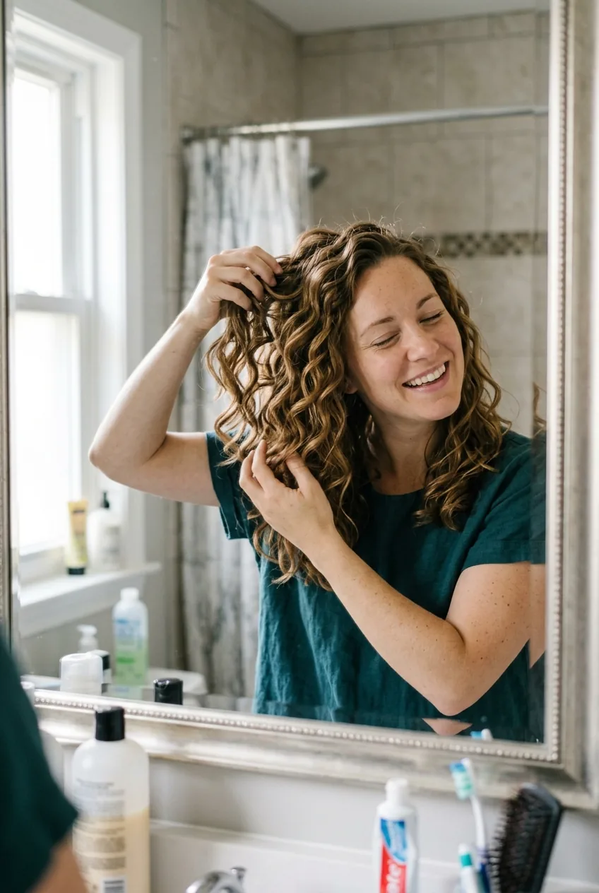 Woman gently scrunching completely dry wavy hair to break gel cast and soften waves