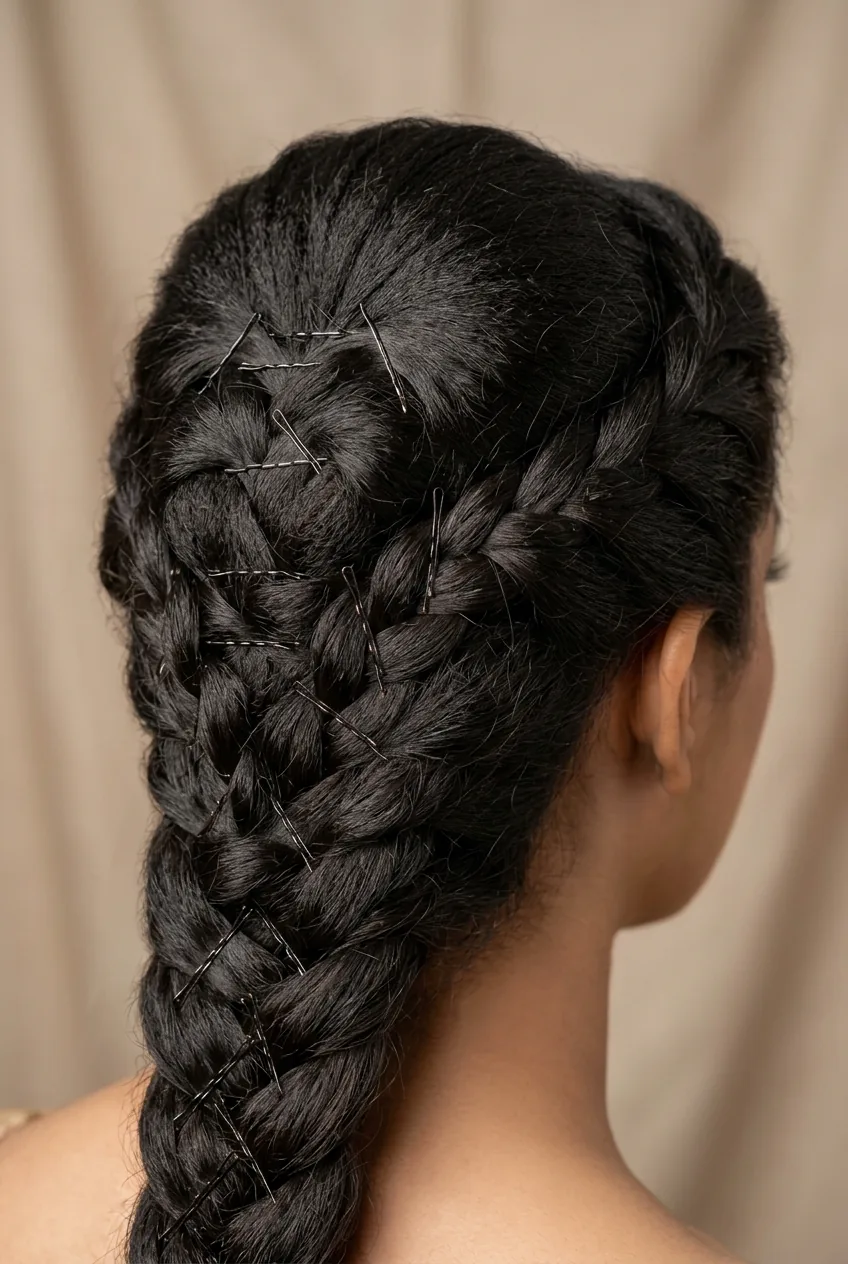 Detailed view of bridal braid foundation showing teased sections and strategic bobby pin placement