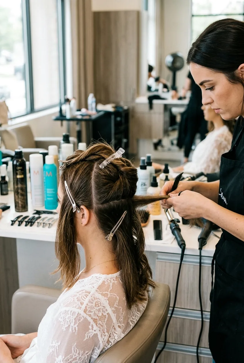 Behind-the-scenes bridal hair preparation with sectioned hair and professional styling tools