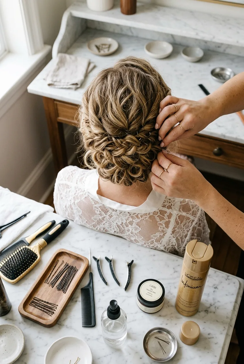 Overhead view of hands styling bridal hair with professional tools and products on marble surface