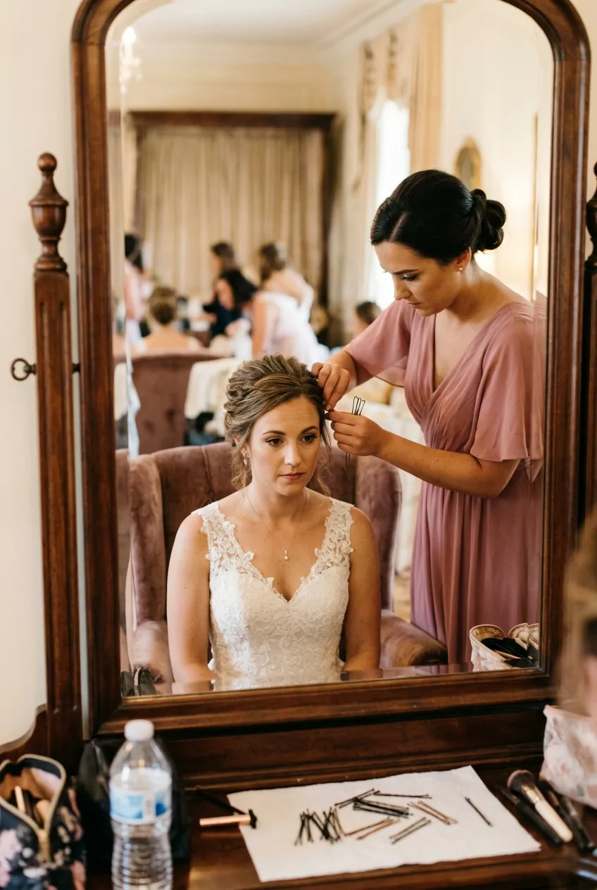 Bride looking in mirror while maid of honor performs hair touch-up with bobby pins