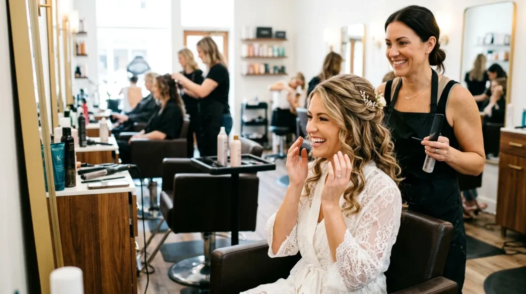 Woman admiring her finished bridal half up half down hairstyle with stylist standing behind her