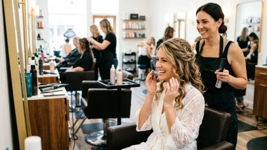 Woman admiring her finished bridal half up half down hairstyle with stylist standing behind her