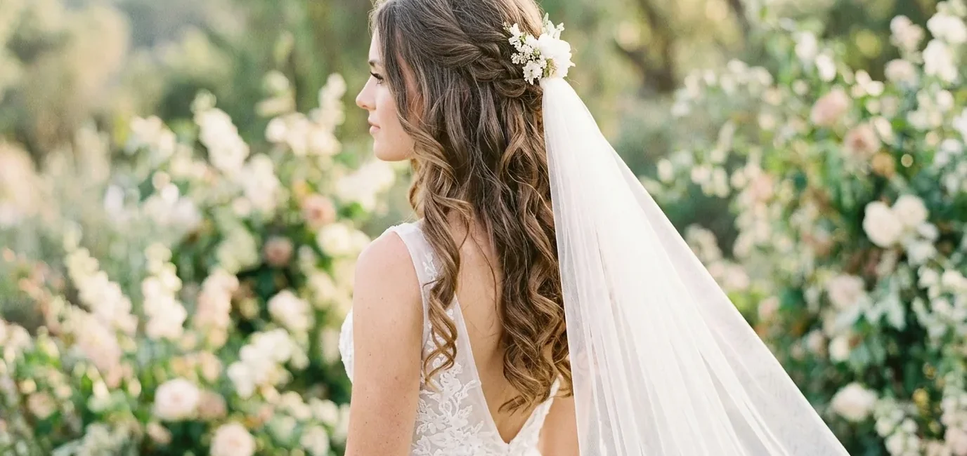 Bride with romantic half up half down hairstyle and flowing veil in outdoor setting