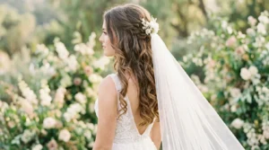 Bride with romantic half up half down hairstyle and flowing veil in outdoor setting