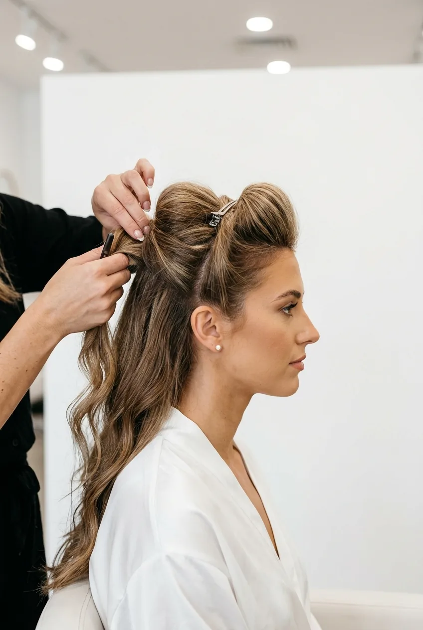 Professional stylist sectioning bride's hair for half up half down technique in salon