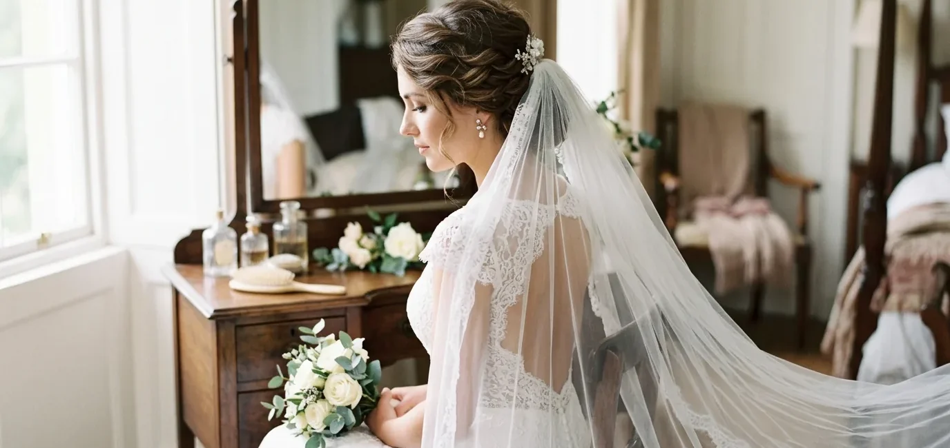 Bride with elegant updo and cathedral veil viewed from side angle in natural lighting