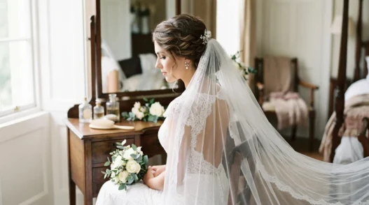 Bride with elegant updo and cathedral veil viewed from side angle in natural lighting