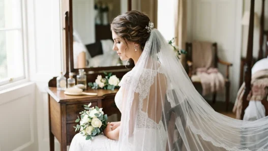 Bride with elegant updo and cathedral veil viewed from side angle in natural lighting