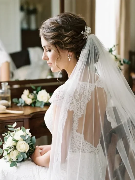 Bride with elegant updo and cathedral veil viewed from side angle in natural lighting
