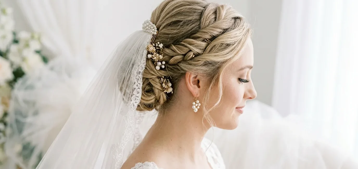 Bride with elegant twisted updo and cathedral veil shown from side angle with pearl earrings