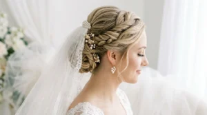 Bride with elegant twisted updo and cathedral veil shown from side angle with pearl earrings