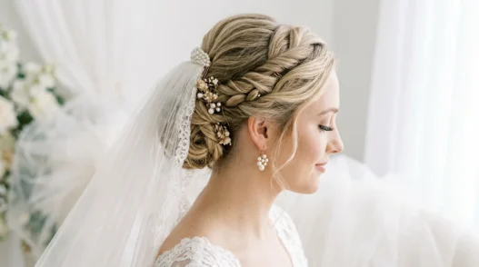 Bride with elegant twisted updo and cathedral veil shown from side angle with pearl earrings