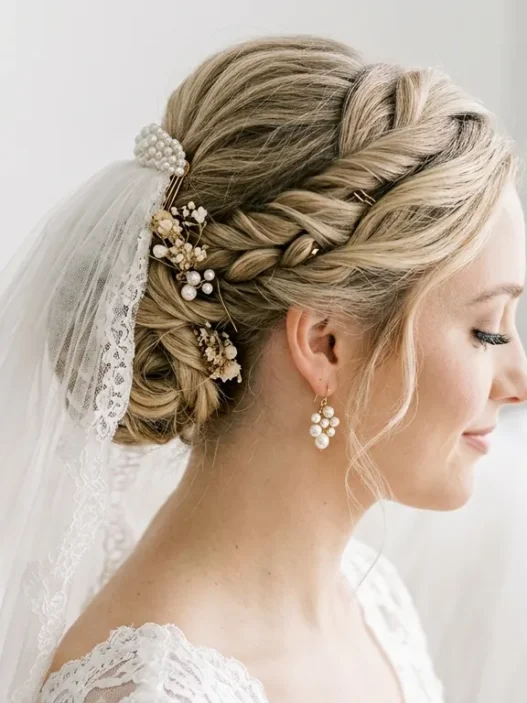 Bride with elegant twisted updo and cathedral veil shown from side angle with pearl earrings