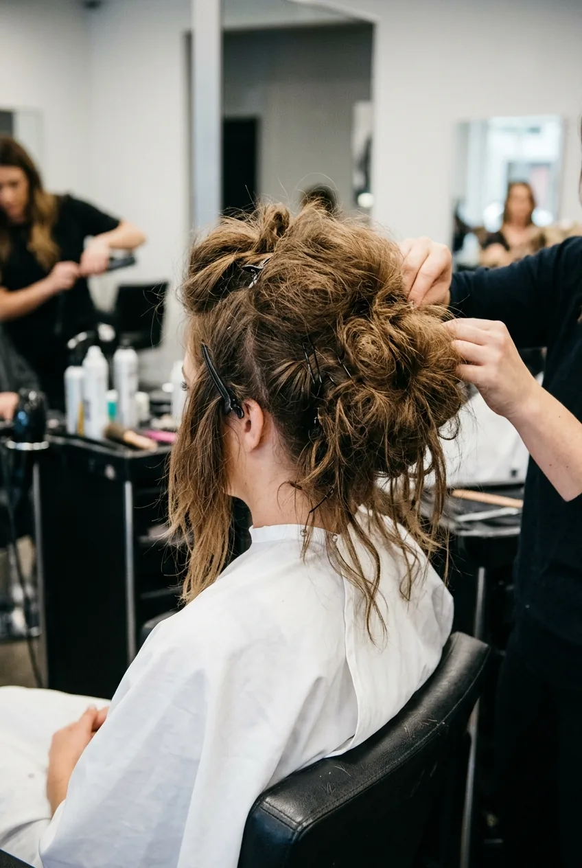 Bridal updo mid-construction showing teased sections and loose pieces before final styling