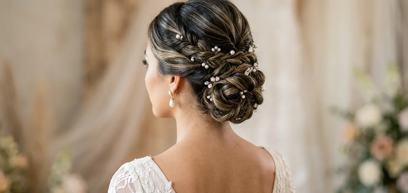 Bride's elegant updo from behind showing intricate twisted sections secured with bobby pins and pearl earrings