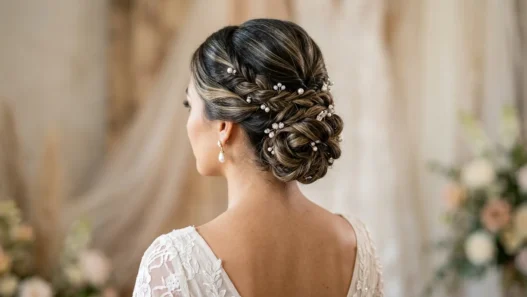 Bride's elegant updo from behind showing intricate twisted sections secured with bobby pins and pearl earrings