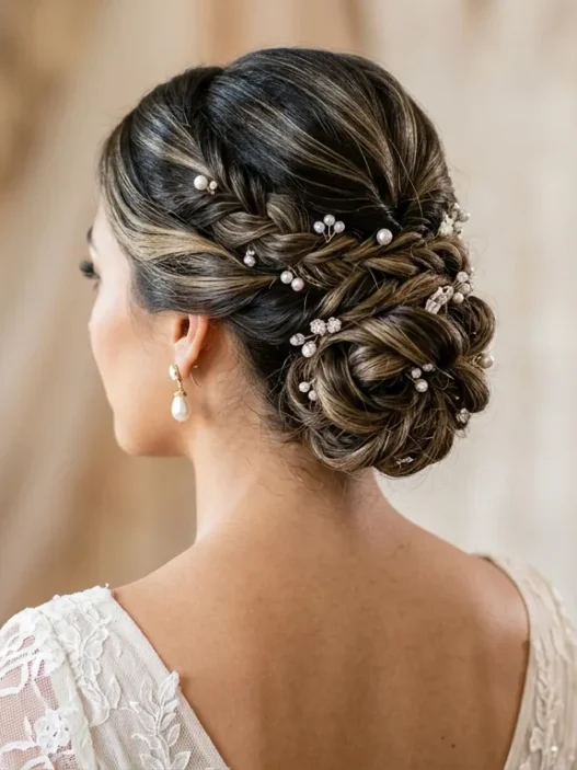 Bride's elegant updo from behind showing intricate twisted sections secured with bobby pins and pearl earrings