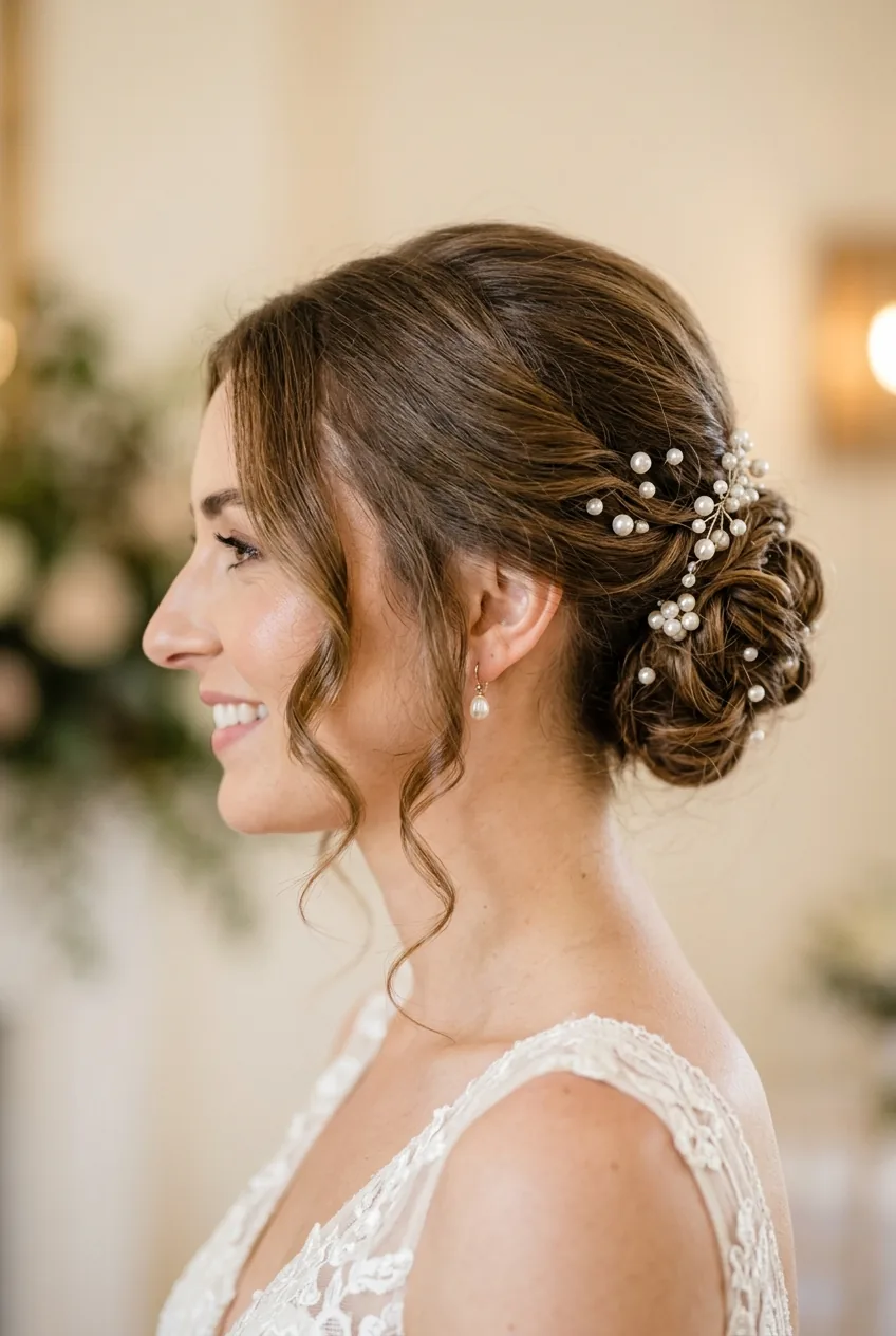 Side profile of finished bridal updo with romantic face-framing tendrils and pearl accessories