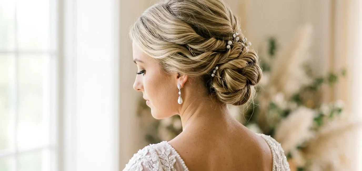 Bride with elegant twisted updo showing intricate pin placement and hair texture from three-quarter back angle