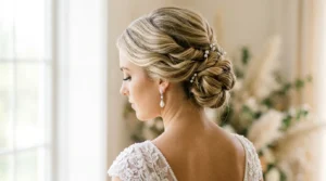 Bride with elegant twisted updo showing intricate pin placement and hair texture from three-quarter back angle