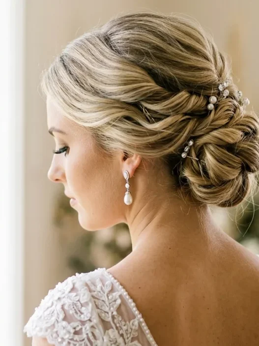 Bride with elegant twisted updo showing intricate pin placement and hair texture from three-quarter back angle