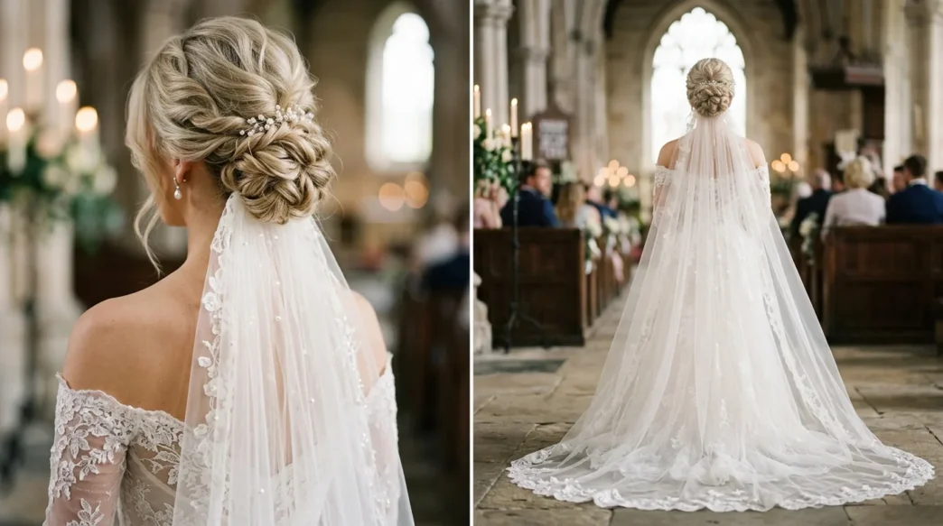 Bride with elegant updo showing cathedral veil integrated at nape with pearl earrings visible from behind