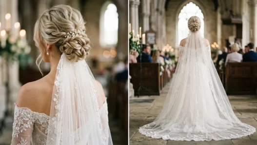 Bride with elegant updo showing cathedral veil integrated at nape with pearl earrings visible from behind