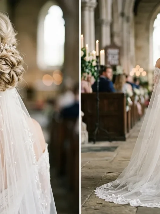 Bride with elegant updo showing cathedral veil integrated at nape with pearl earrings visible from behind