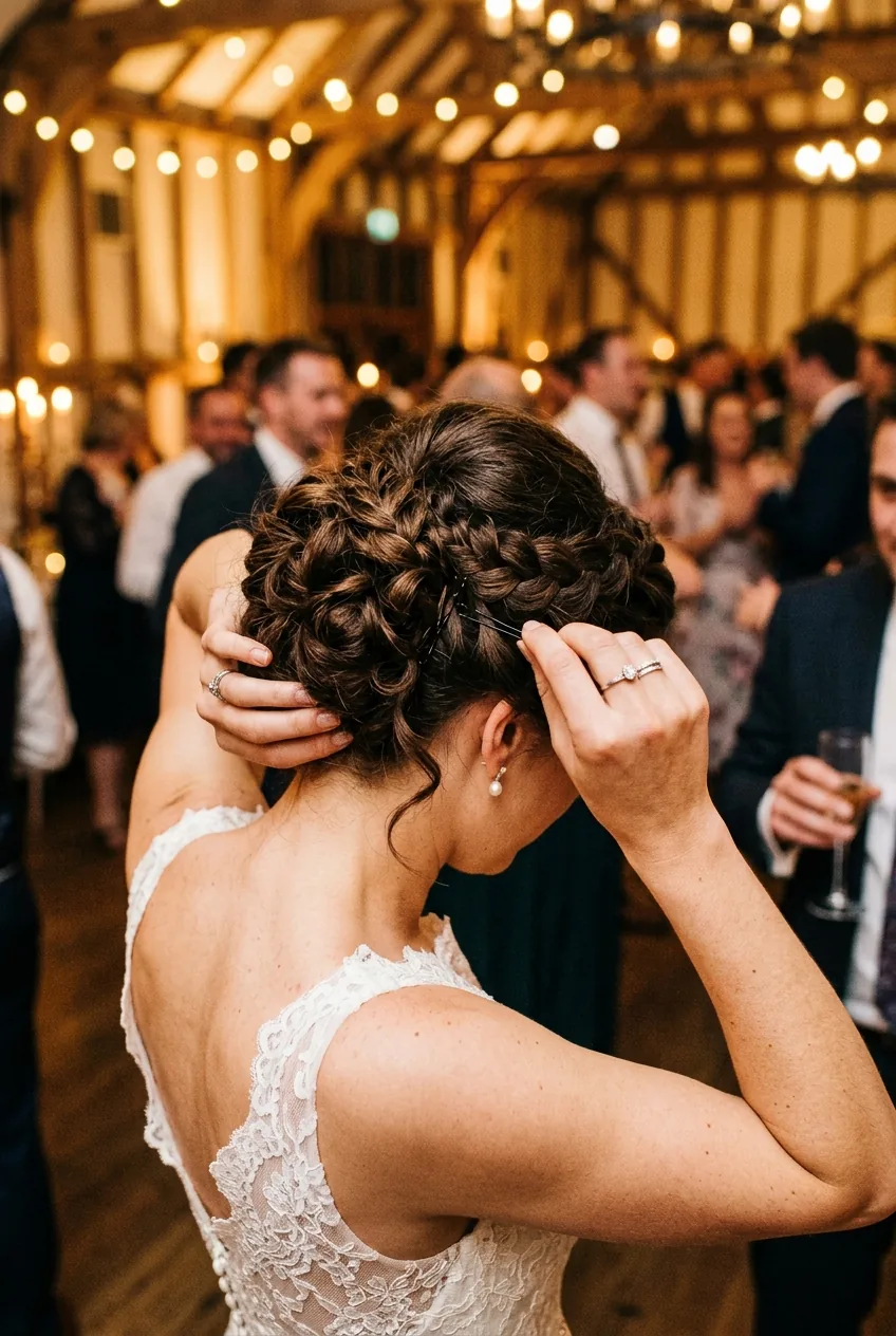 Bride adjusting elaborate wedding hairstyle with bobby pins during reception