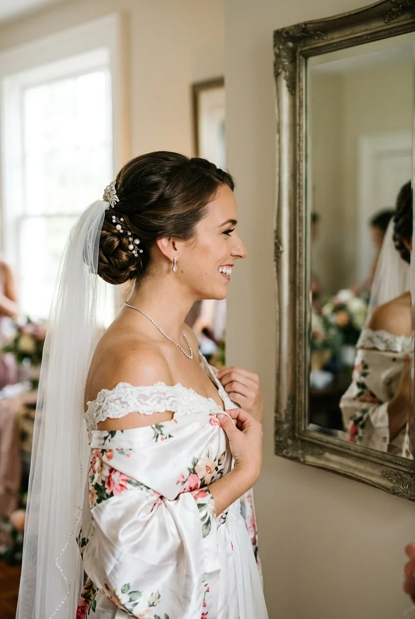 Bride smiling confidently in mirror after completed updo and veil styling transformation