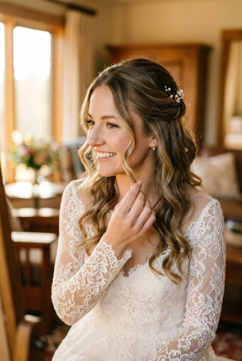 Bride with finished half up half down style touching her face-framing curls