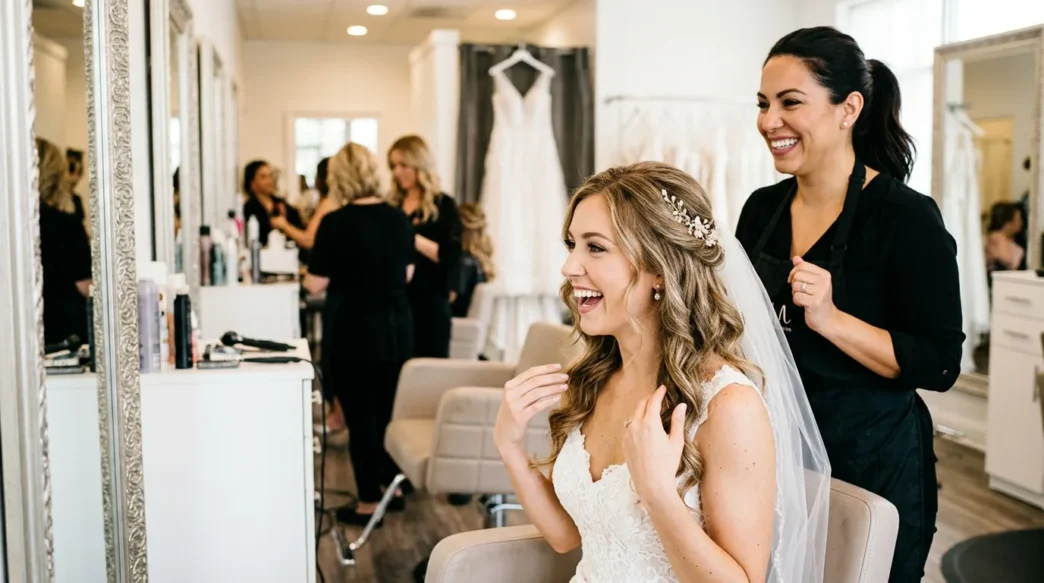 Bride admiring her finished romantic wedding hair down style with hair stylist standing behind her in bright salon
