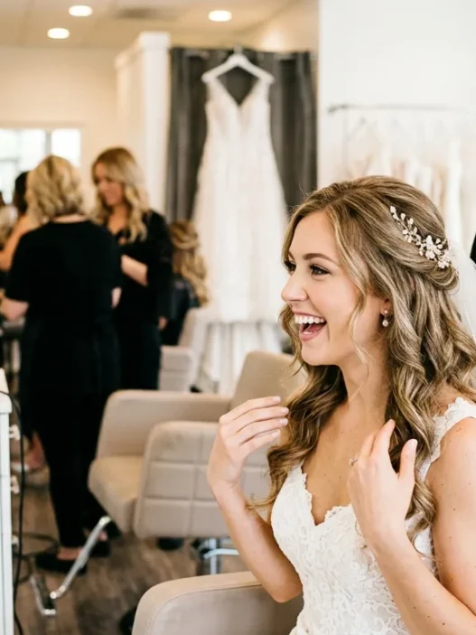 Bride admiring her finished romantic wedding hair down style with hair stylist standing behind her in bright salon