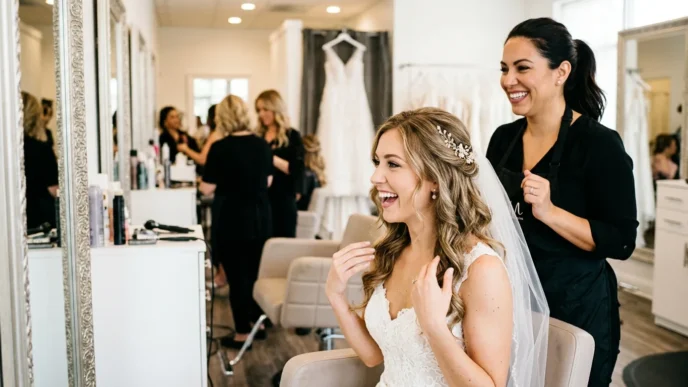 Bride admiring her finished romantic wedding hair down style with hair stylist standing behind her in bright salon
