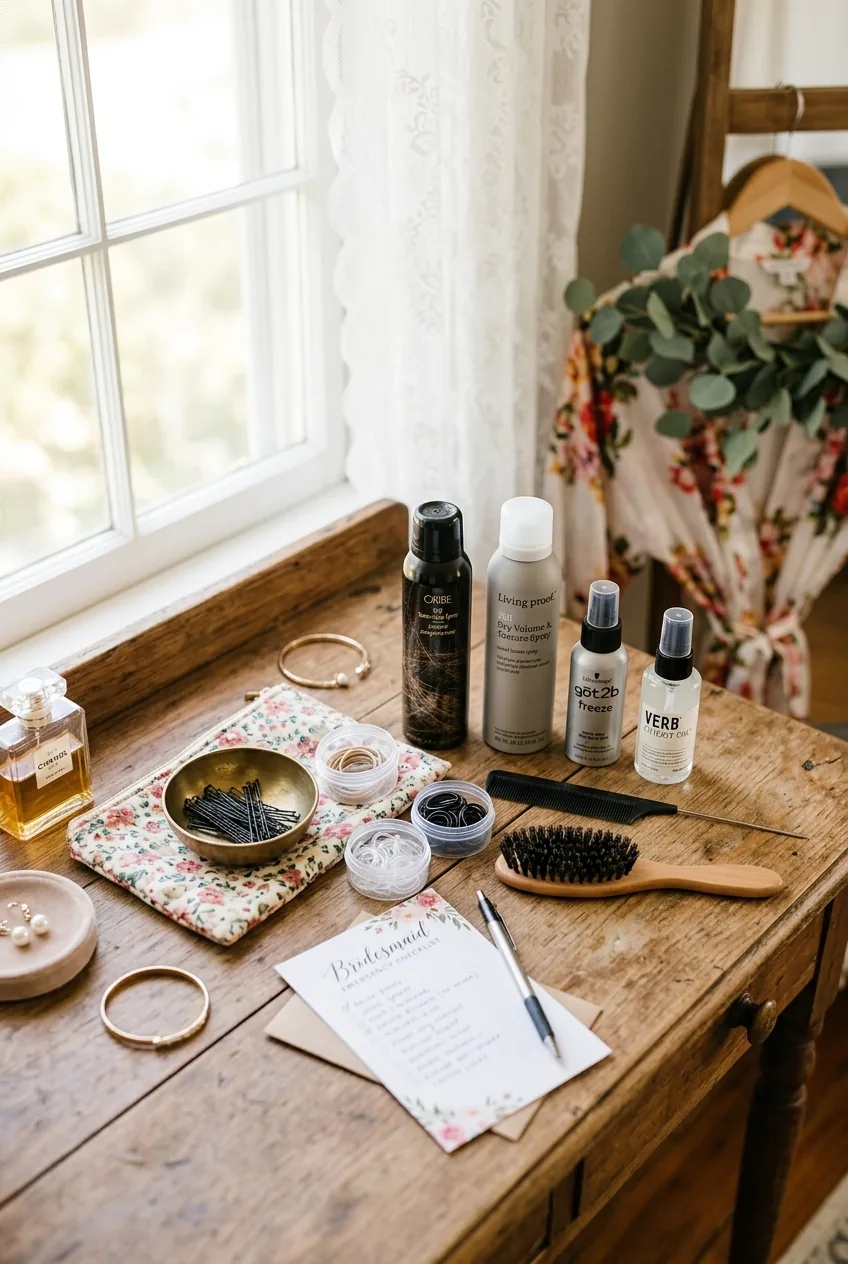 Bridesmaid hair emergency kit with bobby pins, elastics and styling products on vanity table