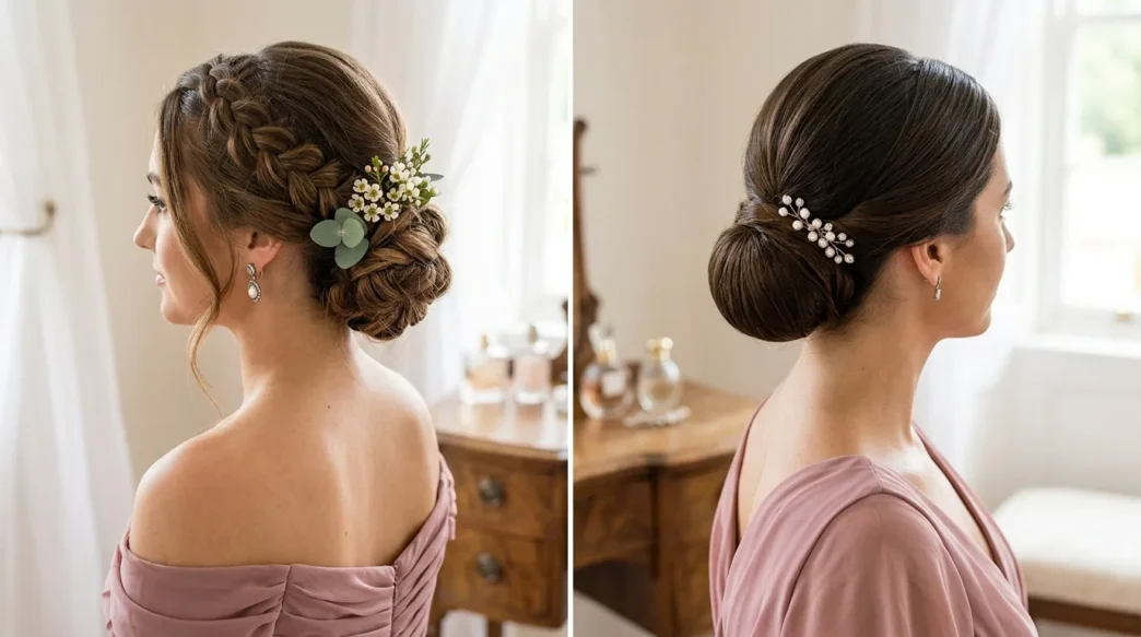 Side by side comparison of bridesmaid hairstyles showing braided updo and classic chignon in bridal setting