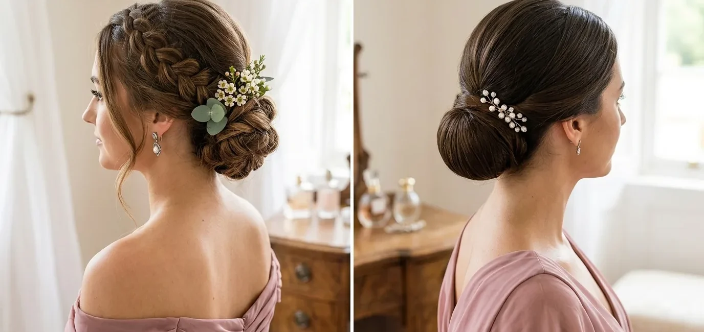 Side by side comparison of bridesmaid hairstyles showing braided updo and classic chignon in bridal setting