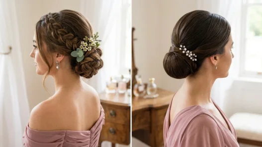 Side by side comparison of bridesmaid hairstyles showing braided updo and classic chignon in bridal setting
