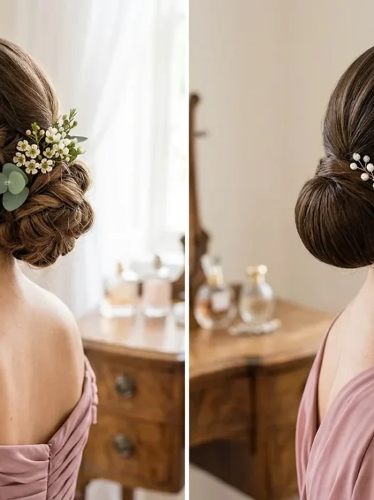 Side by side comparison of bridesmaid hairstyles showing braided updo and classic chignon in bridal setting
