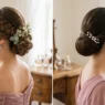 Side by side comparison of bridesmaid hairstyles showing braided updo and classic chignon in bridal setting